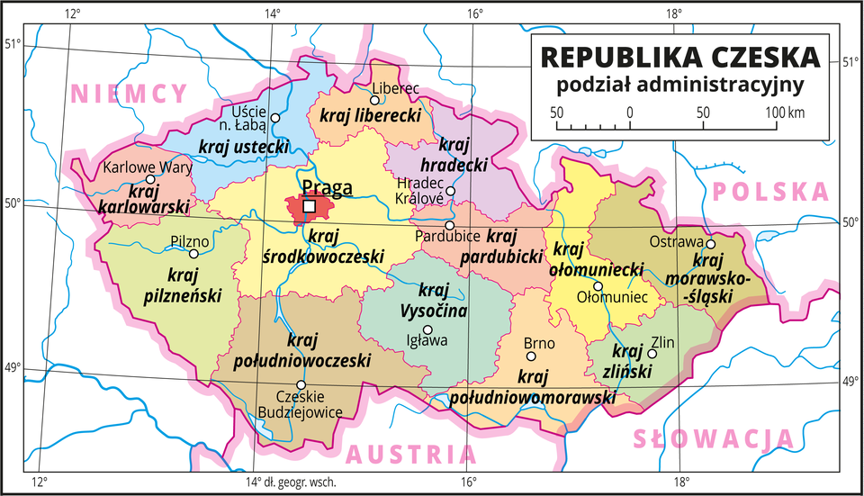 Ilustracja przedstawia mapę polityczną Republiki Czeskiej z podziałem na jednostki administracyjne zwane krajami. Kolorami wyróżniono kraj pilzneński, kraj karlowarski, kraj ustecki, kraj Vysočina, kraj środkowoczeski, kraj południowomorawski, kraj południowoczeski, kraj hradecki, kraj ołomuniecki, kraj zliński, kraj morawsko-śląski, kraj pardubicki, kraj liberecki. Białymi kropkami oznaczono główne miasta i opisano je. Mapa pokryta jest równoleżnikami i południkami. Dookoła mapy w białej ramce opisano współrzędne geograficzne.