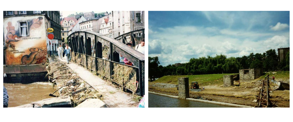 Dwie fotografie prezentujące skutki powodzi z 1997 roku. Na pierwszej widoczny zniszczony do połowy most na rzece, po którym idą ludzie. Na drugiej fotografii widoczne pozostałości budowli stojącej na brzegiem rzeki.