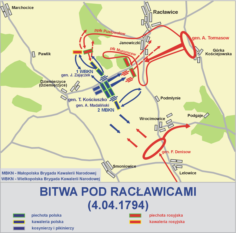 Plan Bitwy pod Racławicami 4 kwietnia 1794 r. Plan Bitwy pod Racławicami 4 kwietnia 1794 r. Źródło: Lonio17, Wikimedia Commons, licencja: CC BY-SA 4.0.