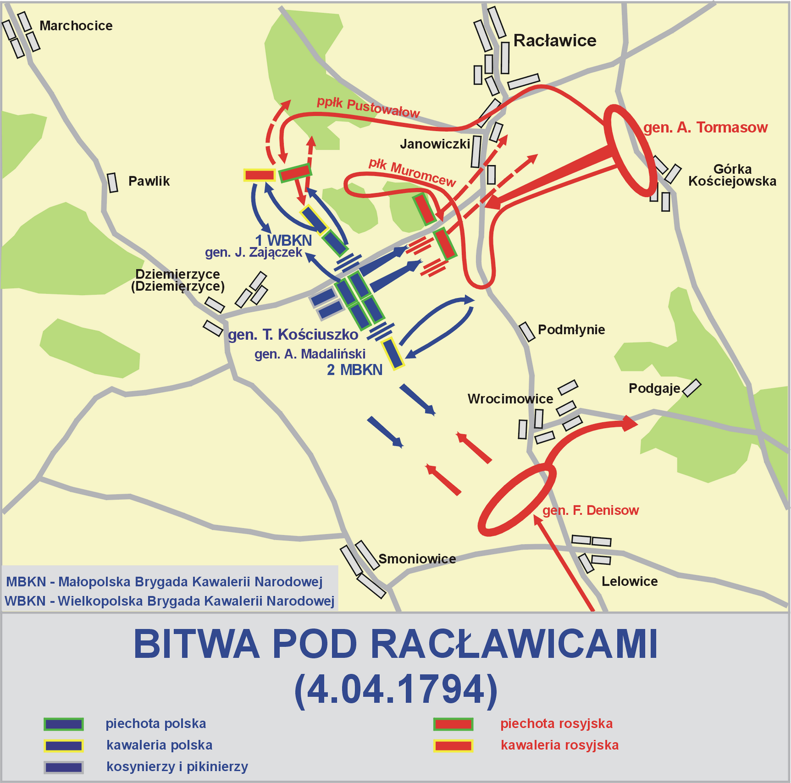 Plan Bitwy pod Racławicami 4 kwietnia 1794 r. Plan Bitwy pod Racławicami 4 kwietnia 1794 r. Źródło: Lonio17, Wikimedia Commons, licencja: CC BY-SA 4.0.