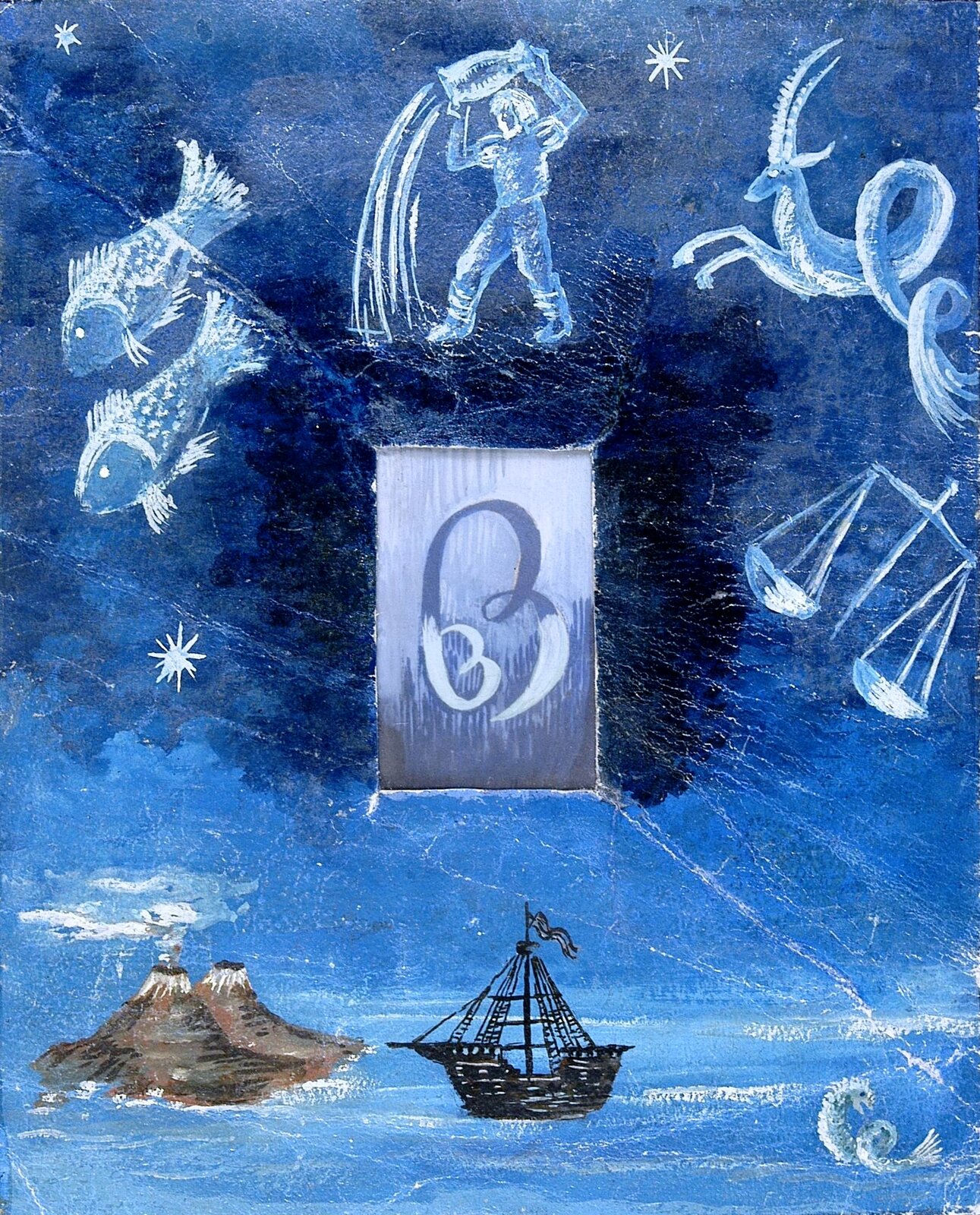 Na ilustracji jest fragment nieba i morza. Na niebie są cztery znaki zodiaku - od lewej strony: Ryby - dwie ryby jedna pod drugą, Wodnik - mężczyzna wylewający wodę z naczynia, Koziorożec - zwierzę z rogami, ma przednie nogi, natomiast od połowy ciało zwierzęcia jest zwinięte w serpentynę. Ostatni znak zodiaku to Waga zilustrowana wagą szalkową. Pod Wodnikiem, znajdującym się centralnie na górze ilustracji, w prostokącie jest ozdobna litera B. Na niebie jest kilka gwiazd. Natomiast na środku morza znajduje się statek. Po lewej stronie statku są dwa wzniesienia - wulkany. Po prawej stronie w wodzie znajduje się morski stwór. Na akwareli dominują odcienie niebieskiego.