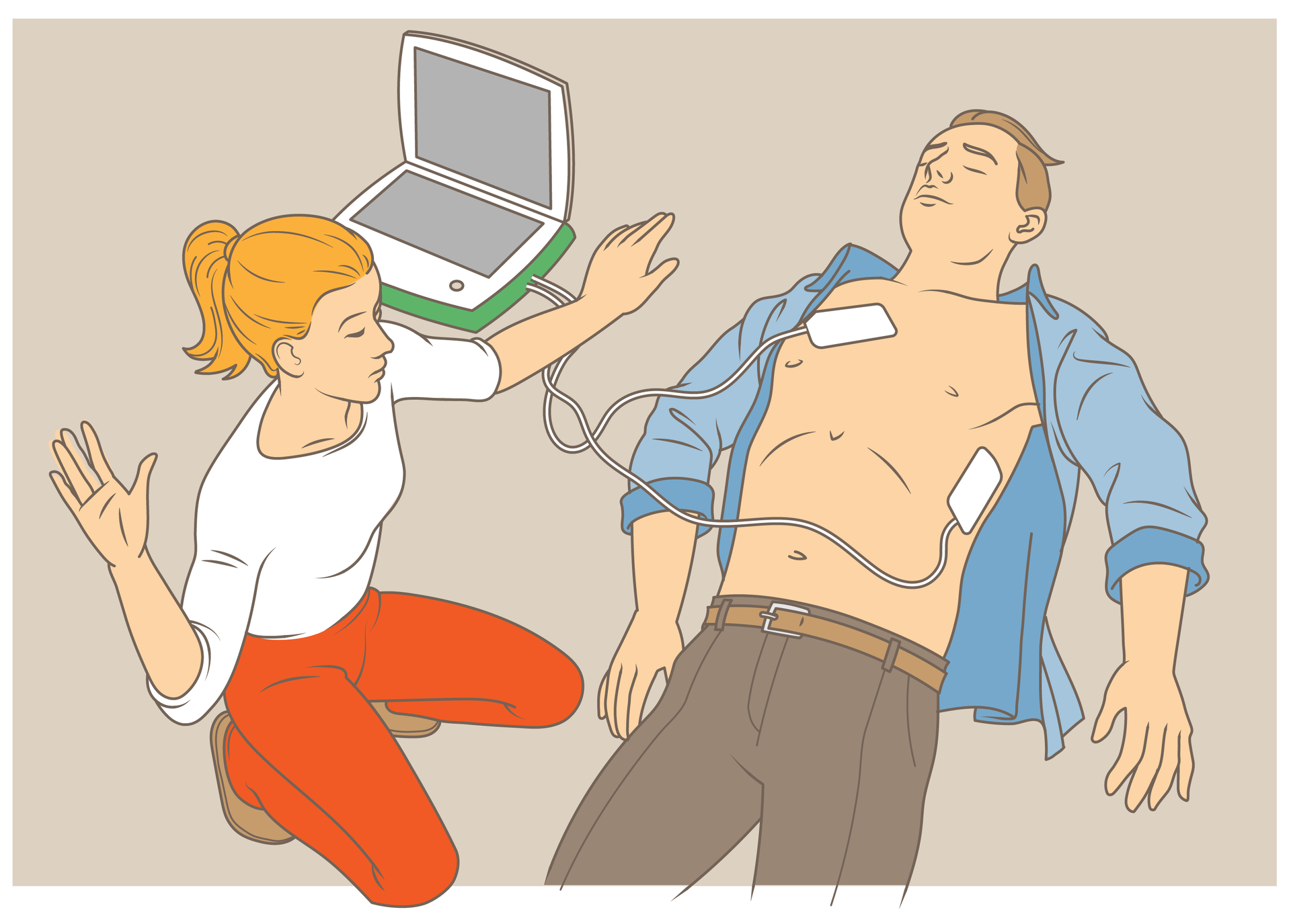 Ilustracja przedstawia sposób użycia defibrylatora AED. Widok z góry. Po prawej stronie poszkodowany nieprzytomny mężczyzna leży na plecach. Koszula rozpięta. Ręce swobodnie ułożone wzdłuż ciała. Na klatce piersiowej, po lewej, i poniżej klatki, po prawej, przytwierdzone elektrody defibrylatora. Płaskie elektrody w kształcie małych prostokątów. Elektrody połączone przewodami do głównego defibrylatora. Obok poszkodowanego, po lewej stronie, kobieta udzielająca pomocy. Kobieta w przysiadzie, ręce uniesione aby nie dotykać poszkodowanego w trakcie użycia defibrylatora.