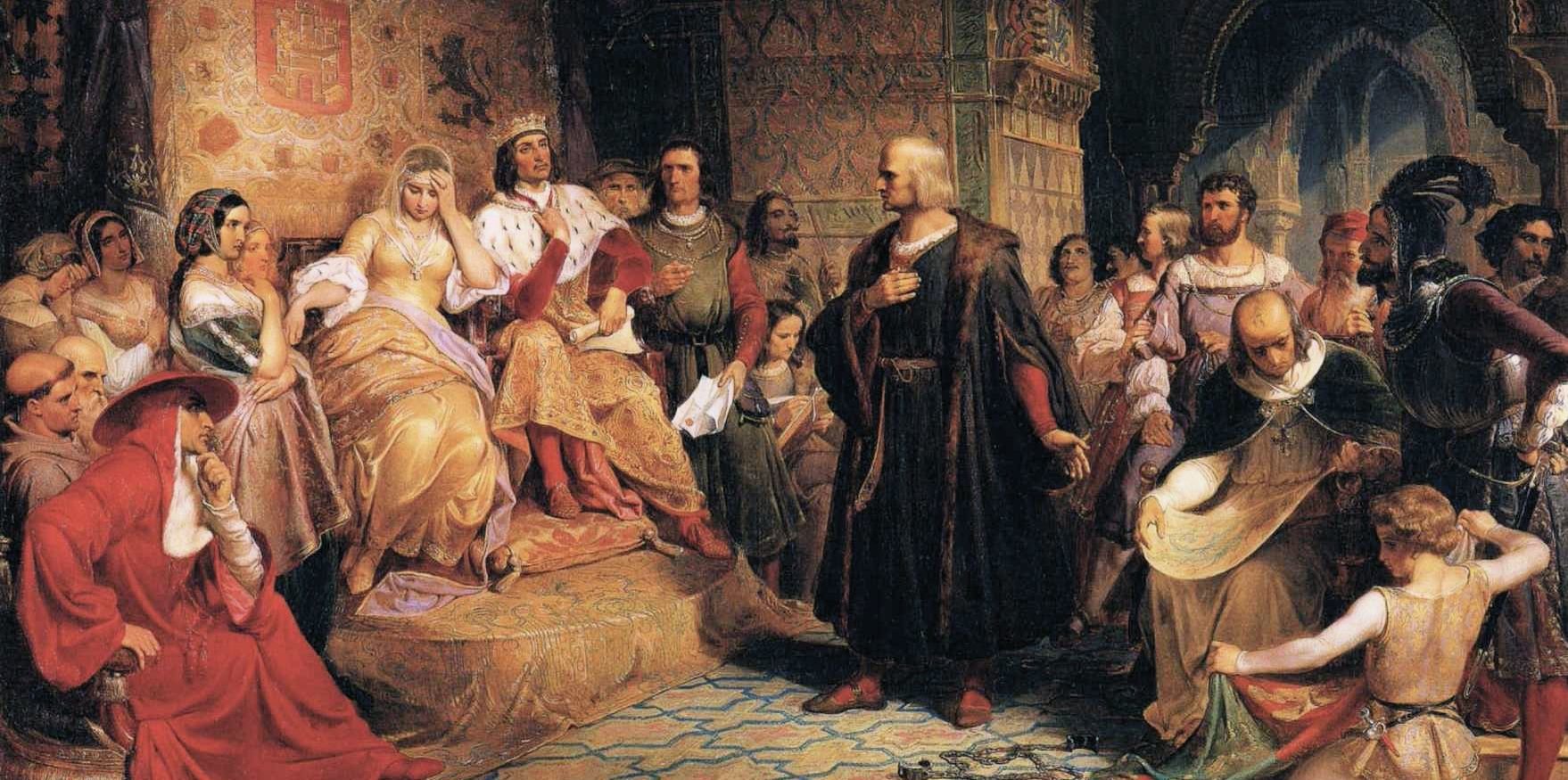 Kolumb przed królową Źródło: Emanuel Leutze, Kolumb przed królową, 1843, domena publiczna.