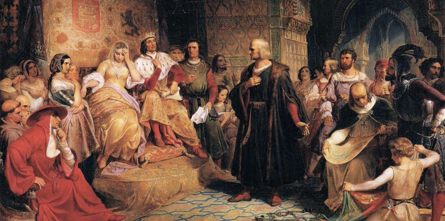 Kolumb przed królową Źródło: Emanuel Leutze, Kolumb przed królową, 1843, domena publiczna.