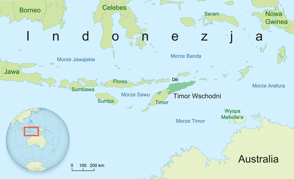 Na ilustracji mapa Indonezji. W prawym dolnym rogu widoczny fragment Australii. Kolorem zielonym zaznaczono lądy, kolorem niebieskim – wody. W obrębie Wyspy Timor w centralnej części mapy, kolorem ciemnozielonym oznaczono państwo Timor Wschodni. Zajmuje ono pół wyspy.