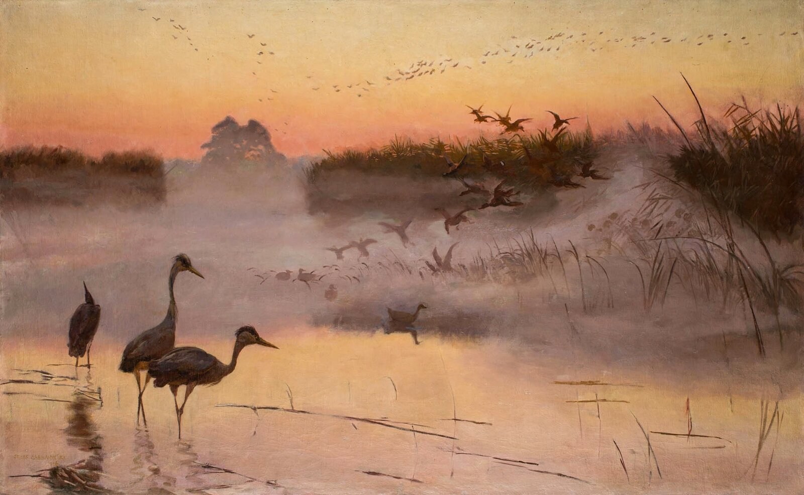 Świt. Królestwo ptaków Źródło: Józef Chełmoński, Świt. Królestwo ptaków, 1906, olej na płótnie, zbiory prywatne, domena publiczna.