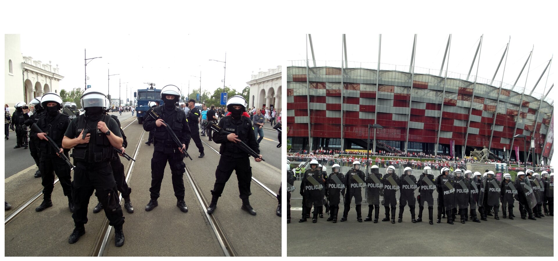 Grafika przedstawiająca Policję, składa się z dwóch kolorowych, ułożonych równolegle zdjęć. Lewa fotografia przedstawia oddział policji w centrum miasta. Policjanci stoją obok siebie od lewej do prawej strony ulicy. Ubrani są w czarne mundury, kamizelki kuloodporne, ciężkie buty sięgające nad kostkę oraz hełmy. Wszyscy trzymają karabin skierowany lufą ku dołowi. Z kolei zdjęcie po prawej to plac przed Stadionem Narodowym w Warszawie, wzdłuż którego stoją policjanci ustawieni w równym szeregu. Funkcjonariusze są ubrani w czarne kombinezony, ciężkie czarne buty sięgające nad kostkę oraz białe hełmy.