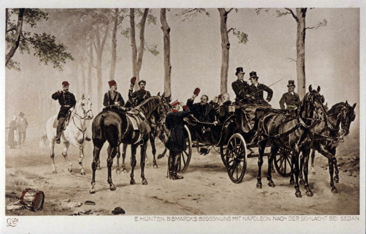 Bismarck spotyka Napoleona III po bitwie pod Sedanem. Pocztówka na podstawie obrazu Emila Hüntena Źródło: Bismarck spotyka Napoleona III po bitwie pod Sedanem. Pocztówka na podstawie obrazu Emila Hüntena, XIX w, domena publiczna.