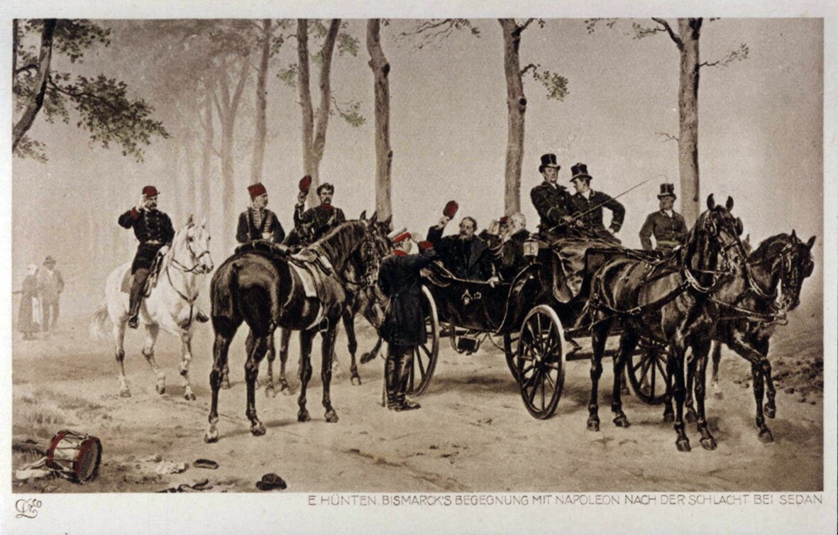 Bismarck spotyka Napoleona III po bitwie pod Sedanem. Pocztówka na podstawie obrazu Emila Hüntena Źródło: Bismarck spotyka Napoleona III po bitwie pod Sedanem. Pocztówka na podstawie obrazu Emila Hüntena, XIX w, domena publiczna.