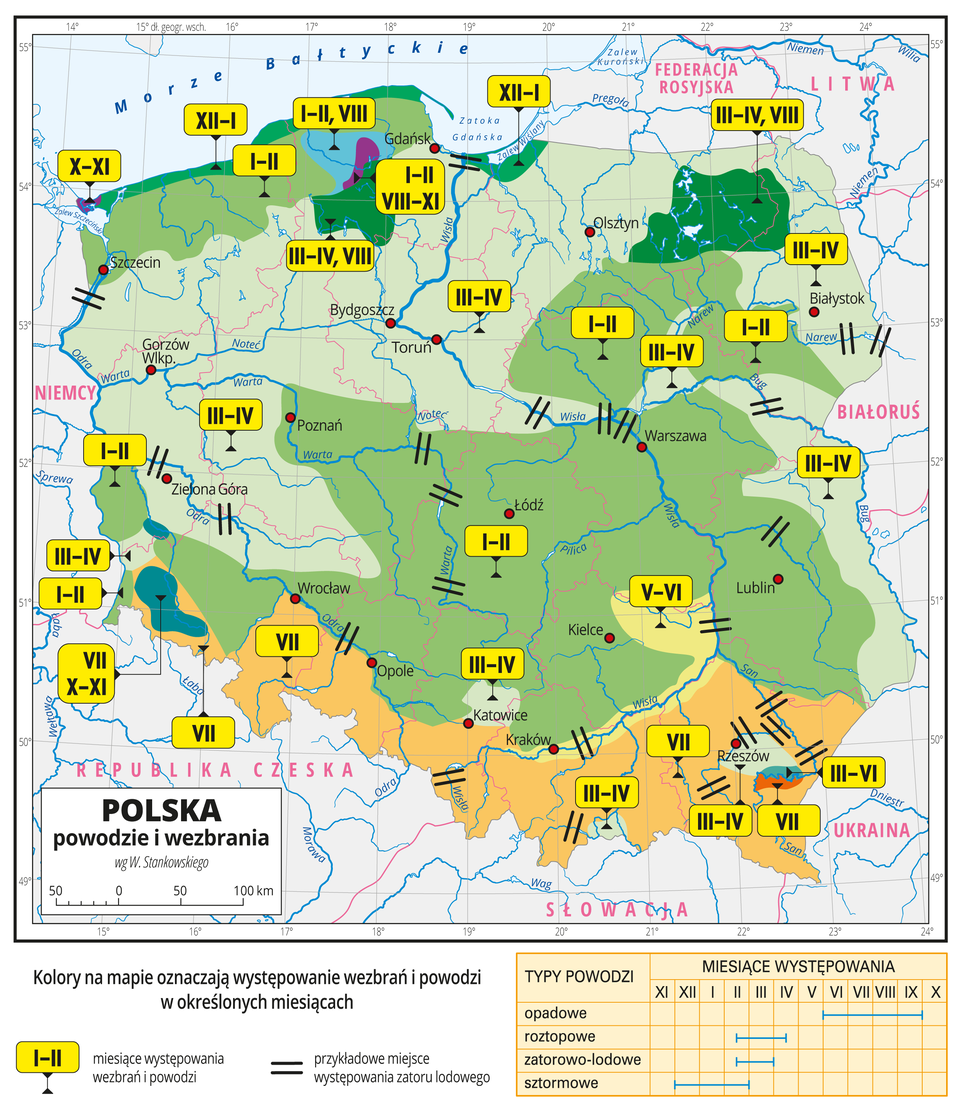 Ilustracja przedstawia mapę Polski. Na mapie za pomocą kolorów przedstawiono występowanie wezbrań i powodzi w określonych miesiącach. Dodatkowo dla uczytelnienia zjawiska poszczególne plamy kolorów opisano tabliczkami z rzymskimi oznaczeniami miesięcy, w których występują wezbrania i powodzie. Czarnymi kreskami oznaczono przykładowe miejsca występowania zatorów lodowych na rzekach. Zasadniczo najbardziej widoczne są trzy kolory, które układają się mniej więcej pasami równoleżnikowymi. Kolor jasnozielony obejmuje północną część Polski (z wyjątkiem pasa pobrzeży) i przedstawia obszary, na których powodzie występują w marcu i kwietniu. Kolor zielony obejmuje środkową część Polski i obrazuje występowanie powodzi w styczniu i lutym.Kolor pomarańczowy obejmuje południową część Polski i obrazuje występowanie powodzi w lipcu. Wśród tych pasowo układających się obszarów wyodrębniono jeszcze kilka małych obszarów, na których powodzie występują w bardzo różnych okresach roku. Na przykład wzdłuż górnego biegu Wisły powodzie występują w maju i czerwcu, a nad samym morzem w grudniu i styczniu. Dookoła mapy w białej ramce opisano współrzędne geograficzne co jeden stopień. Poniżej mapy opisano znaki użyte na mapie i zamieszczono tabelę, w której przedstawiono jaki typ powodzi występuje w poszczególnych miesiącach – opadowe – czerwiec-wrzesień, roztopowe – luty-kwiecień, zatorowo-lodowe – luty-marzec, sztormowe – grudzień-luty.