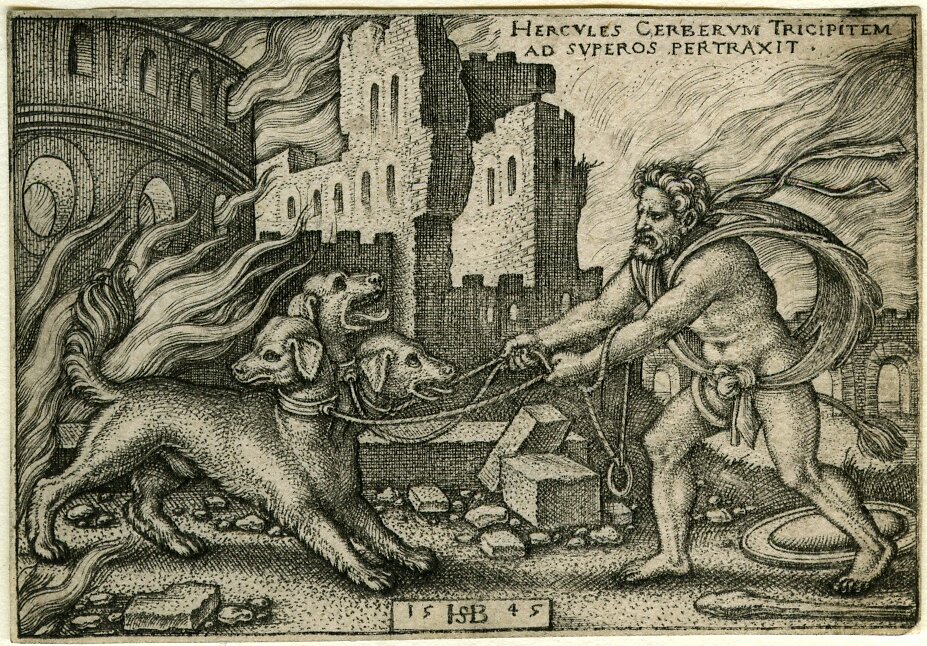 Herakles i Cerber Źródło: Hans Sebald Beham, Herakles i Cerber, 1545, domena publiczna.