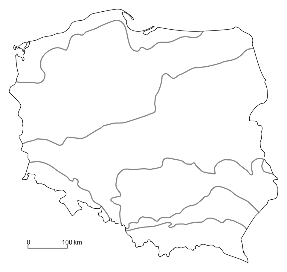 Na ilustracji mapa konturowa. Wydzielono pasy rzeźby terenu w Polsce.