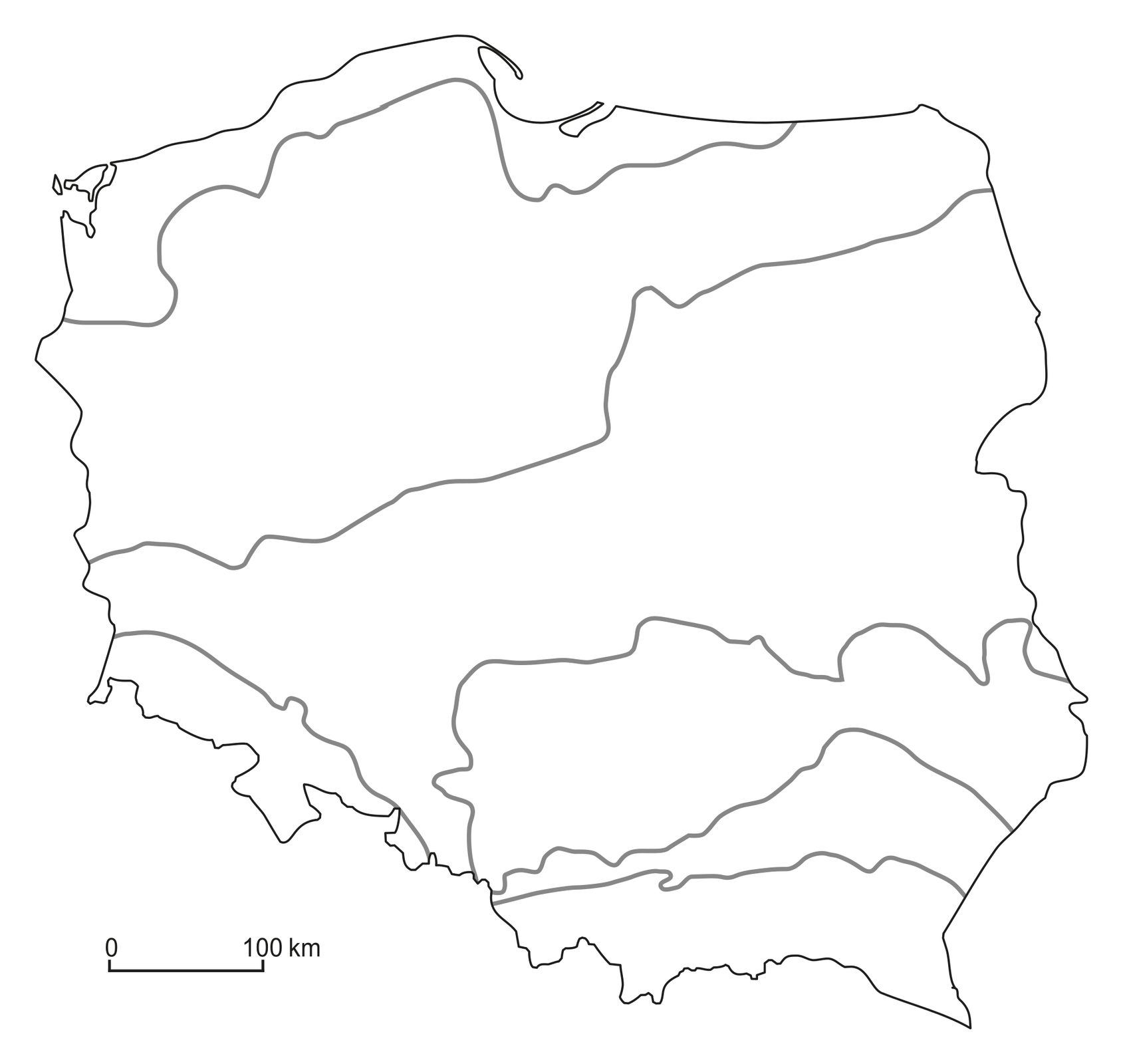 Na ilustracji mapa konturowa. Wydzielono pasy rzeźby terenu w Polsce.