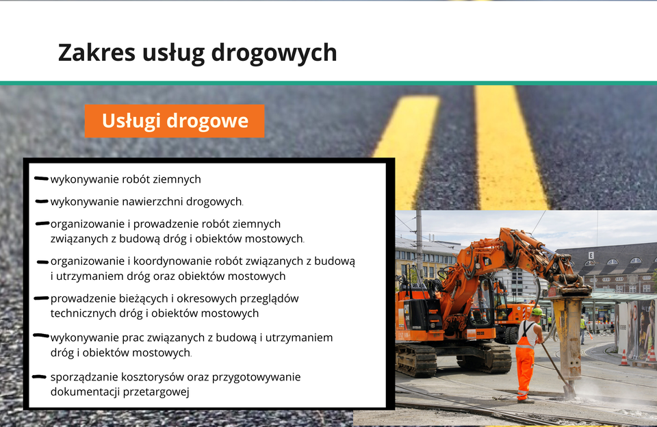 Ilustracja opisuje zakres usług drogowych.