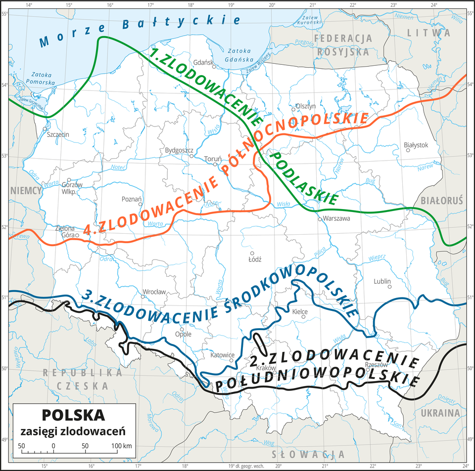 Ilustracja przedstawia konturową mapę Polski z podziałem na województwa. Na mapie przedstawiono granice województw, przedstawiono i opisano hydrografię oraz miasta wojewódzkie. Kolorowymi liniami przedstawiono zasięg czterech zlodowaceń. Jeden – zlodowacenie podlaskie – zielona linia biegnie z północnego zachodu na środkowy wschód.Dwa – zlodowacenie południowopolskie – czarna linie biegnie równoleżnikowo na południu Polski wzdłuż Przedgórza Sudeckiego i Pogórza Karpackiego.Trzy – zlodowacenie środkowopolskie – niebieska linia biegnie z zachodu na wschód najpierw wzdłuż Przedgórza Sudeckiego, następnie skręca na północ ponad Kielce, potem kieruje się na południe ku ujściu Sanu do Wisły i potem kieruje się na wschód.Cztery – zlodowacenie północnopolskie – czerwona linia biegnie z okolic Zielonej Góry z zachodu na wschód, na wysokości Niziny Mazowieckiej kierując się ku północy.Dookoła mapy w białej ramce opisano współrzędne geograficzne co jeden stopień.