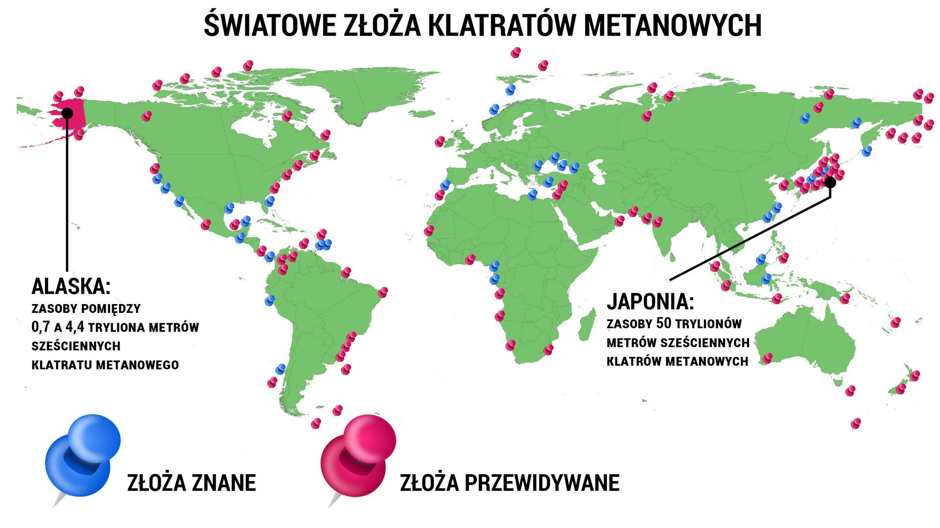 W ramce zamieszczono polecenie 1. Treść polecenia jest następująca: „Przeanalizuj mapę i wyjaśnij, dlaczego teoretycznie na całej kuli ziemskiej grozi nam megatsunami i znaczący skok temperatury atmosfery”. Arkusz zawiera tytuł: „Światowe złoża klatratów metanowych”. Arkusz przedstawia mapę świata w kolorze zielonym oraz zaznaczone na niej punkty w kolorach niebieskim i różowym. Niebieskie pinezki oznaczają złoża znane, a różowe złoża przewidywane. Ponadto, na różowo zaznaczona jest Alaska z podpisem: „zasoby pomiędzy 0,7 a 4,4 tryliona metrów sześciennych klatratu metanowego”, a także Japonia z podpisem: „zasoby 50 trylionów metrów sześciennych klatratów metanowych”.