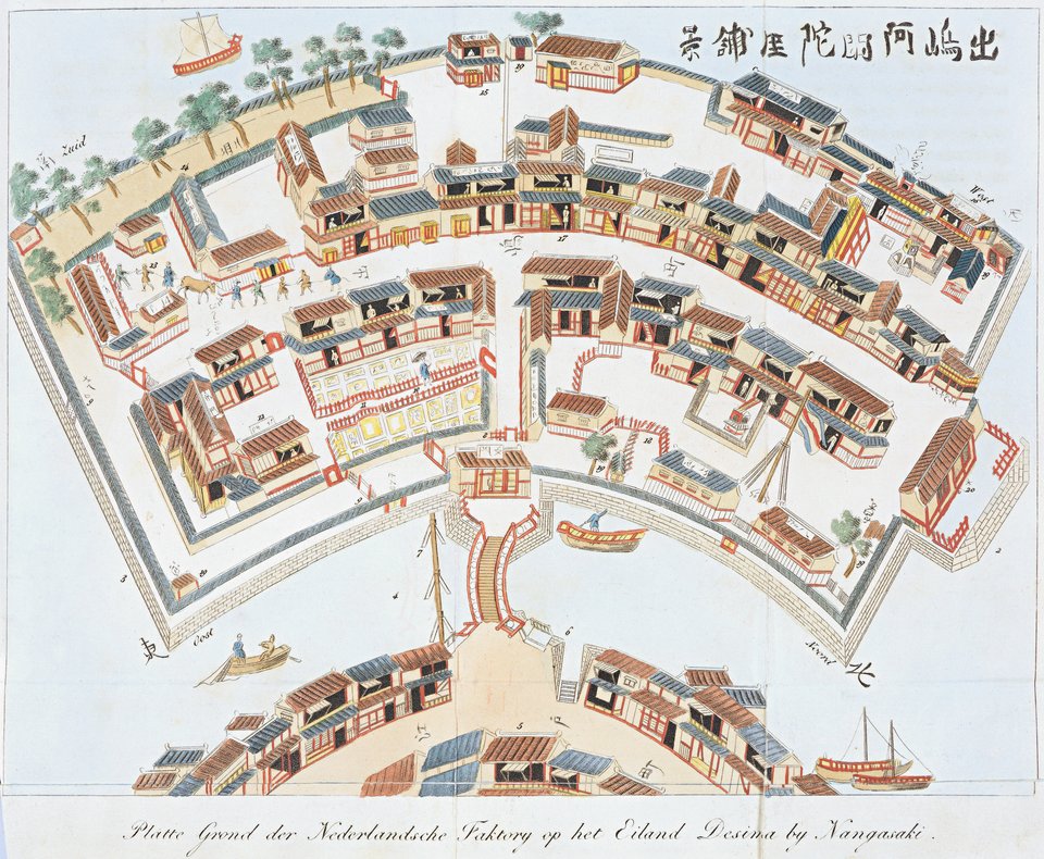 Deshima (Dejima) Sztuczna wyspa wzniesiona w porcie Nagasaki Źródło: Isaac Titsingh, Deshima (Dejima) Sztuczna wyspa wzniesiona w porcie Nagasaki, 1824-1825, Koninklijke Bibliotheek, Holandia, domena publiczna.