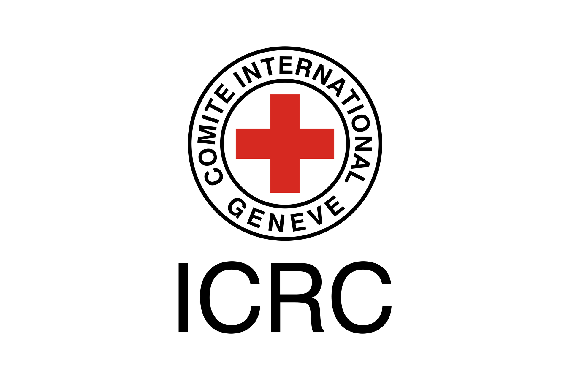 Ilustracja przedstawia logo czerwonego krzyża. Dwa czarne okręgi na białym tle. Pomiędzy okręgiem zewnętrznym i wewnętrznym czarny napis: GENEVE COMITE INTERNATIONAL. Wewnątrz okręgów znak czerwonego krzyża. Poniżej skrót ICRC.