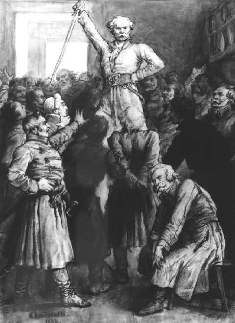 Zebranie szlachty – ilustracja do sceny z „Pana Tadeusza" A. Mickiewicza. Zebranie szlachty – ilustracja do sceny z „Pana Tadeusza" A. Mickiewicza. Źródło: Michał Elwiro Andriolli, grafika, domena publiczna.