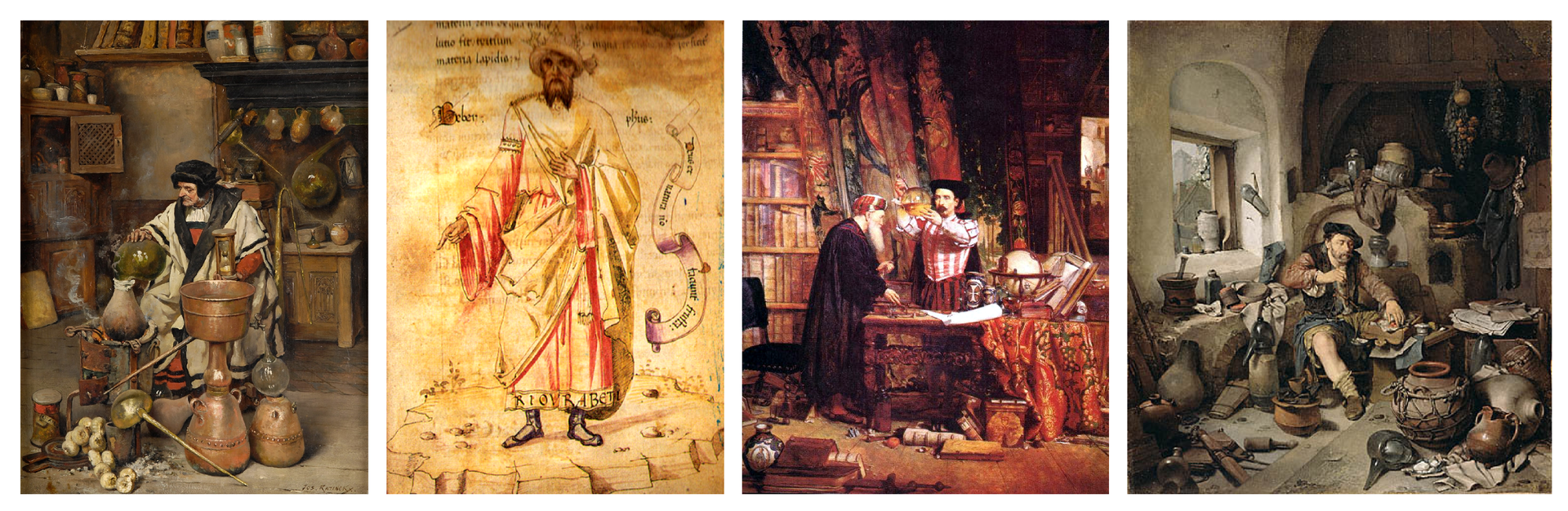 Cztery obrazy przedstawiające alchemików. Od lewej: Der Alchemist Josepha Leopolda Ratinckxa z 1937 roku. Przedstawia starego uczonego w białej szacie stojącego przed aparaturą badawczą zawierającą gliniane naczynie stojące na przenośnym piecyku i zestaw do destylacji. Uczony patrzy na podgrzewane naczynie trzymając w lewej ręce klepsydrę. Tło obrazu stanowi warsztat utrzymany w ciepłych barwach, zawierający półkę z książkami u góry, szafkę z substancjami po lewej stronie i regał z przyrządami oraz stołem do doświadczeń. Drugi obraz od lewej to średniowieczna rycina nieznanego artysty pochodząca z XV-wiecznego kodeksu, przedstawiająca arabskiego alchemika i lekarza Dżabira Ibn Hajjana, znanego w Europie jako Geber. Rycina przedstawia starca w biało-czerwonej szacie i szpiczastym kapeluszu z długą brodą stojącego na skrawku jałowego terenu. Trzeci obraz od lewej to The Alchemist Williama Fettesa Douglasa z 1855 roku, przedstawiający wnętrze bogato wyposażonej pracowni uczonego. Po lewej stronie i w głębi sceny znajdują się regały pełne ksiąg. W centralnej części sceny przy bogato rzeźbionym stole zastawionym instrumentami badawczymi stoi lekko zgarbiony stary, siwobrody mędrzec w skromnej czarnej szacie. Naprzeciw niego jego gość, postawny mężczyzna w bogatym stroju, stoi we władczej pozycji, trzymając wysoko uniesioną kolbę ze złocistą substancją. Ostatni, czwarty obraz również nosi tytuł Alchemik, jest autorstwa holenderskiego malarza Cornelisa Pietersza Begi i pochodzi z 1663 roku. Przedstawia mężczyznę w średnim wieku ubranego w prosty strój rzemieślnika siedzącego w ciasnej pracowni wypełnionej rozrzuconymi niedbale instrumentami badawczymi. Pracowania jest prawie pozbawiona umeblowania, po lewej stronie w jasnej ścianie znajduje się małe okno pod którym stoi zagracony stół, a w tle za uczonym znajduje się wygasły piec. Alchemik siedzi okrakiem na małym taborecie przy równie małym stole, a w prawej ręce trzyma małą wagę, którą odmierza porcje jakiejś substancji.