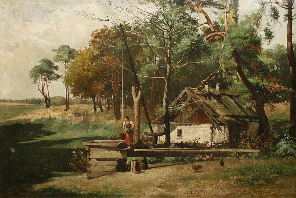 Pejzaż wiejski Pejzaż realistyczny Źródło: Antoni Gramatyka, Pejzaż wiejski, 1880, domena publiczna.