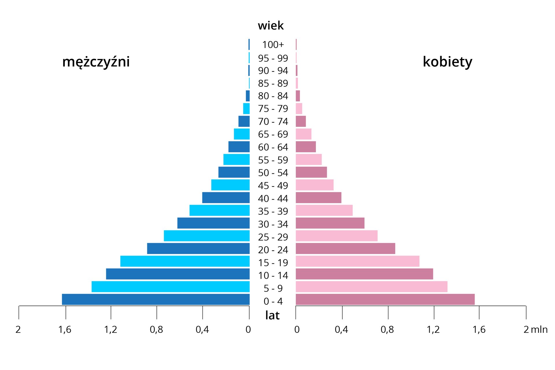 Wykres przedstawiający piramidę wieku społeczeństwa młodego: szeroka podstawa wskutek dużej liczby urodzeń, szybko zwężająca się ku górze wskutek dużej umieralności.