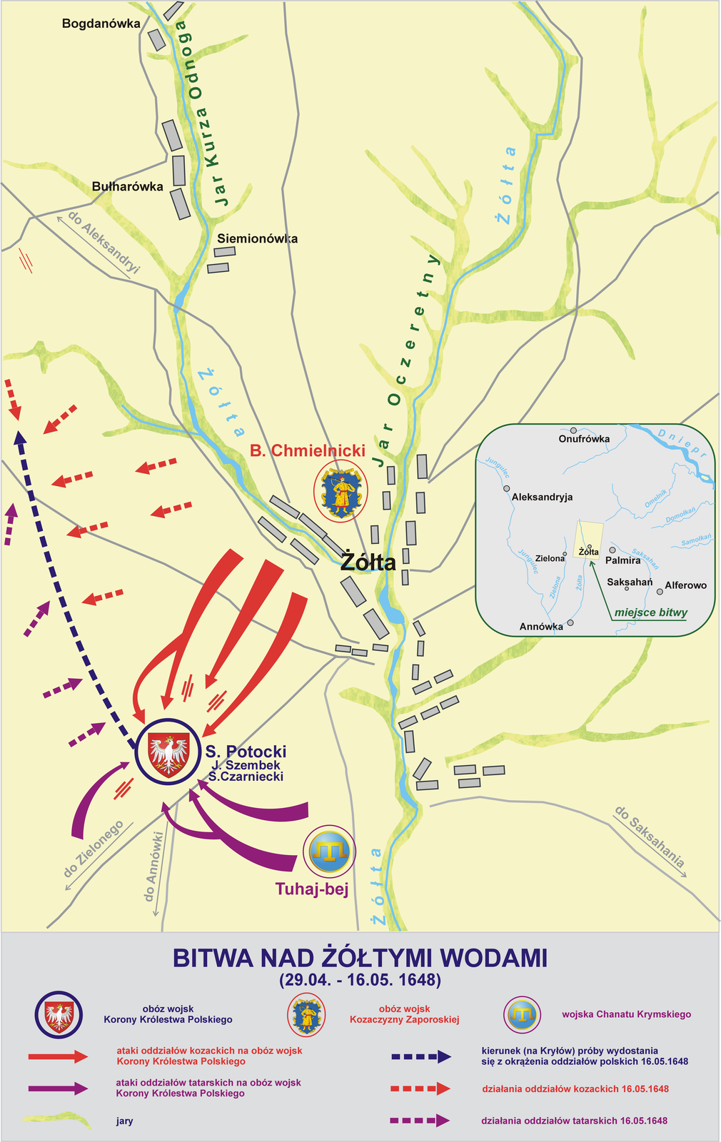 Plan bitwy nad Żółtymi Wodami 29 kwietnia – 16 maja 1648 r. Plan bitwy nad Żółtymi Wodami 29 kwietnia – 16 maja 1648 r. Źródło: Lonio17, Wikimedia Commons, licencja: CC BY-SA 4.0.