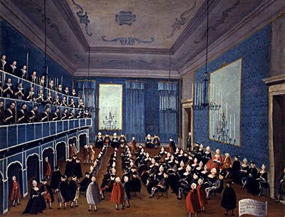 La cantata delle putte delli Ospitali Obraz w jednym z weneckich pałaców pokazujący scenę z koncertu w sierocińcu dla dziewcząt. (Zwróć uwagę na publiczny charakter koncertu i względną „równość” słuchaczy siedzących podobnie jak dzisiaj przed występującymi artystami). Źródło: Gabriele Bella, La cantata delle putte delli Ospitali, 1700, domena publiczna.