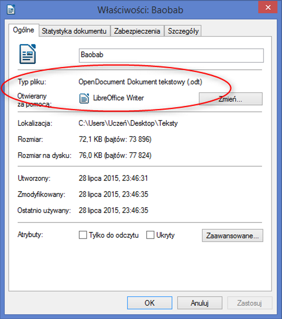 Zrzut okna: Właściwości w programie LibreOffice Writer