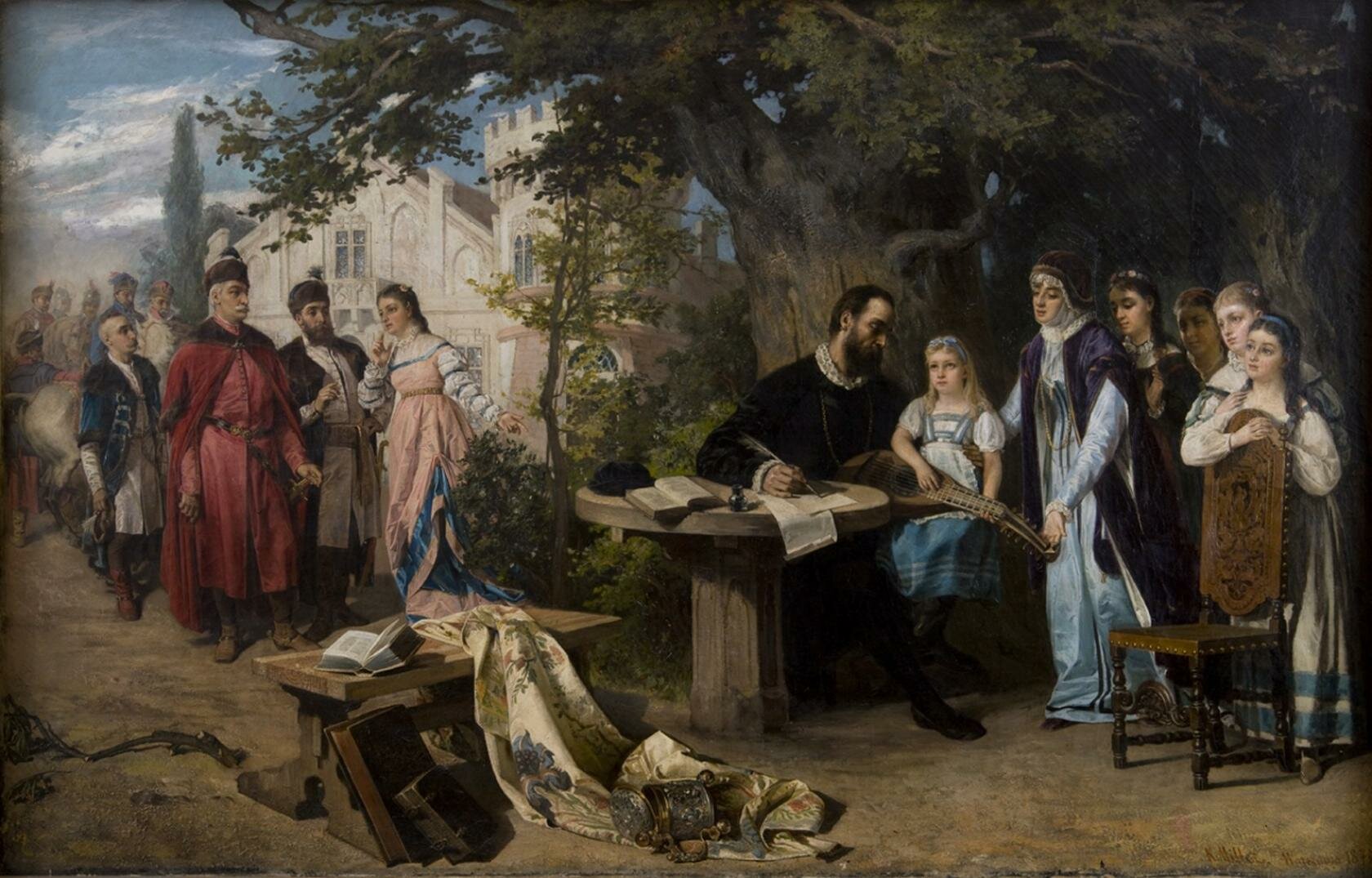Odwiedziny Jana Zamoyskiego w Czarnolesie Źródło: Karol Miller (1835–1920; polski malarz), Odwiedziny Jana Zamoyskiego w Czarnolesie, 1877, Muzeum Narodowe w Krakowie, domena publiczna.