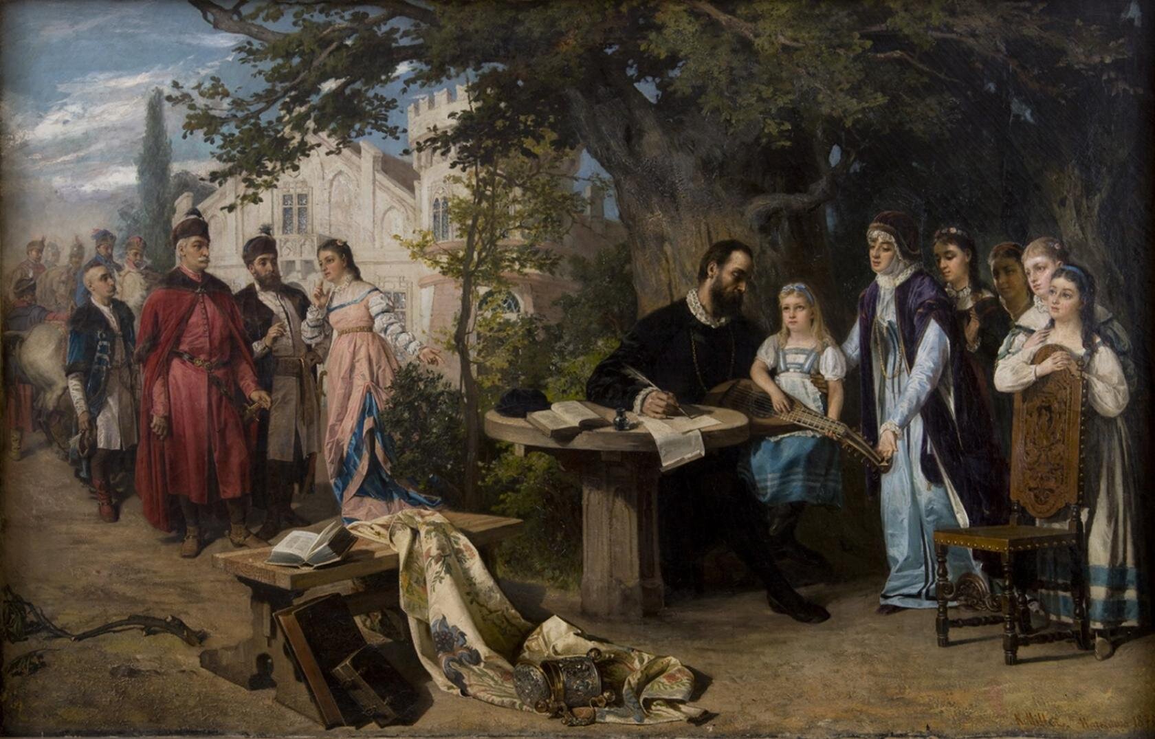 Odwiedziny Jana Zamoyskiego w Czarnolesie Źródło: Karol Miller (1835–1920; polski malarz), Odwiedziny Jana Zamoyskiego w Czarnolesie, 1877, Muzeum Narodowe w Krakowie, domena publiczna.
