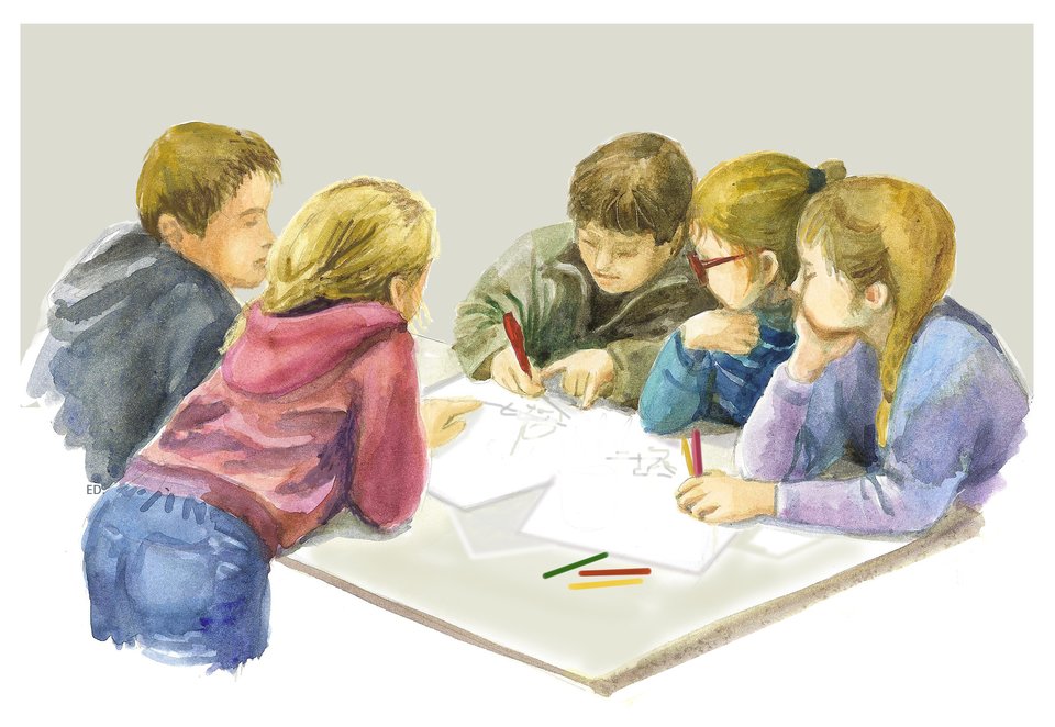 Ilustracja przedstawiająca dzieci pracujące w zespole