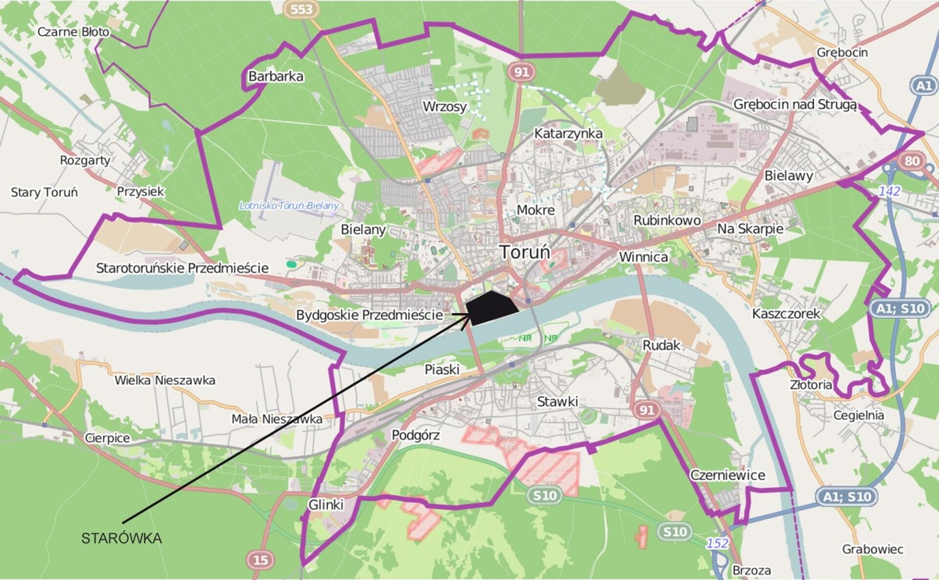 Ilustracja przedstawia współczesną mapę geograficzną miasta Toruń. Mapa jest kolorowa. Duży obszar wokół miasta wypełniają zaznaczone tereny zielone, wśród nich lasy. Czarnym kolorem zaznaczono starówkę, a kolorem fioletowym - obszar administracyjny miasta. Na mapie naniesione są nazwy dzielnic Torunia.