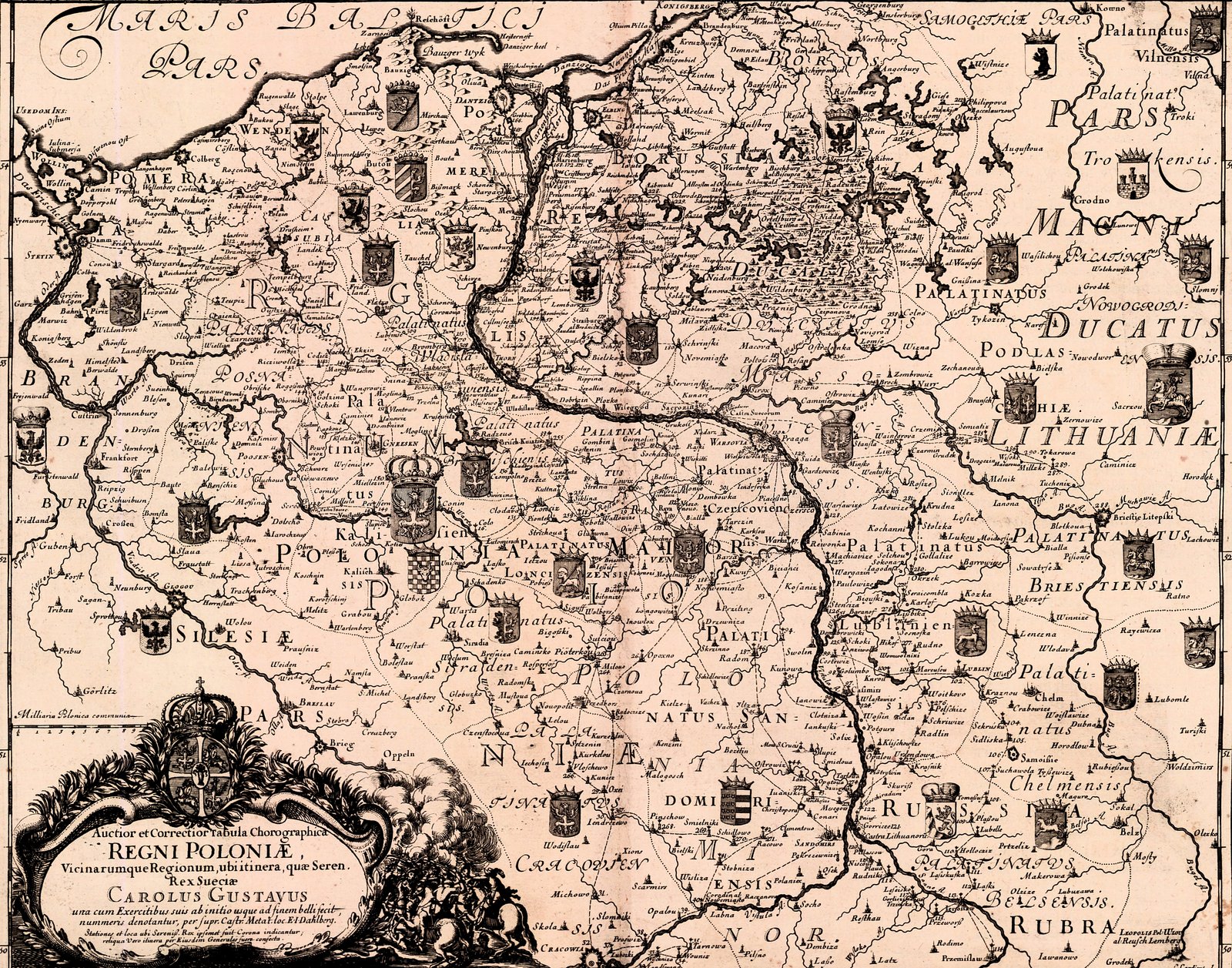 Mapa Polski z XVII wieku przedstawiająca zasięg działań szwedzkich na ziemiach polskich w czasie potopu. Tarczami herbowymi z koroną zostały oznaczone miejsca pobytu Karola Gustawa.