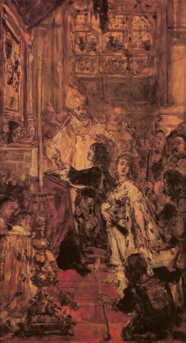 Śluby Jana Kazimierza Szkic Jana Matejki do obrazu Śluby lwowskie Jana Kazimierza. Obok klęczącego króla arcybiskup Jan Tarnowski, za władcą królowa Ludwika Maria. Źródło: Jan Matejko, Śluby Jana Kazimierza, 1899, olej na płótnie, Muzeum Narodowe w Krakowie, domena publiczna.