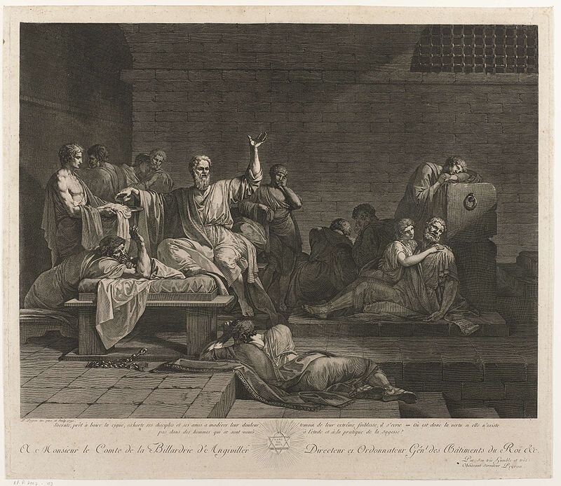 Śmierć Sokratesa Źródło: Jean François Pierre Peyron, Śmierć Sokratesa, 1790, grawerunek, domena publiczna.