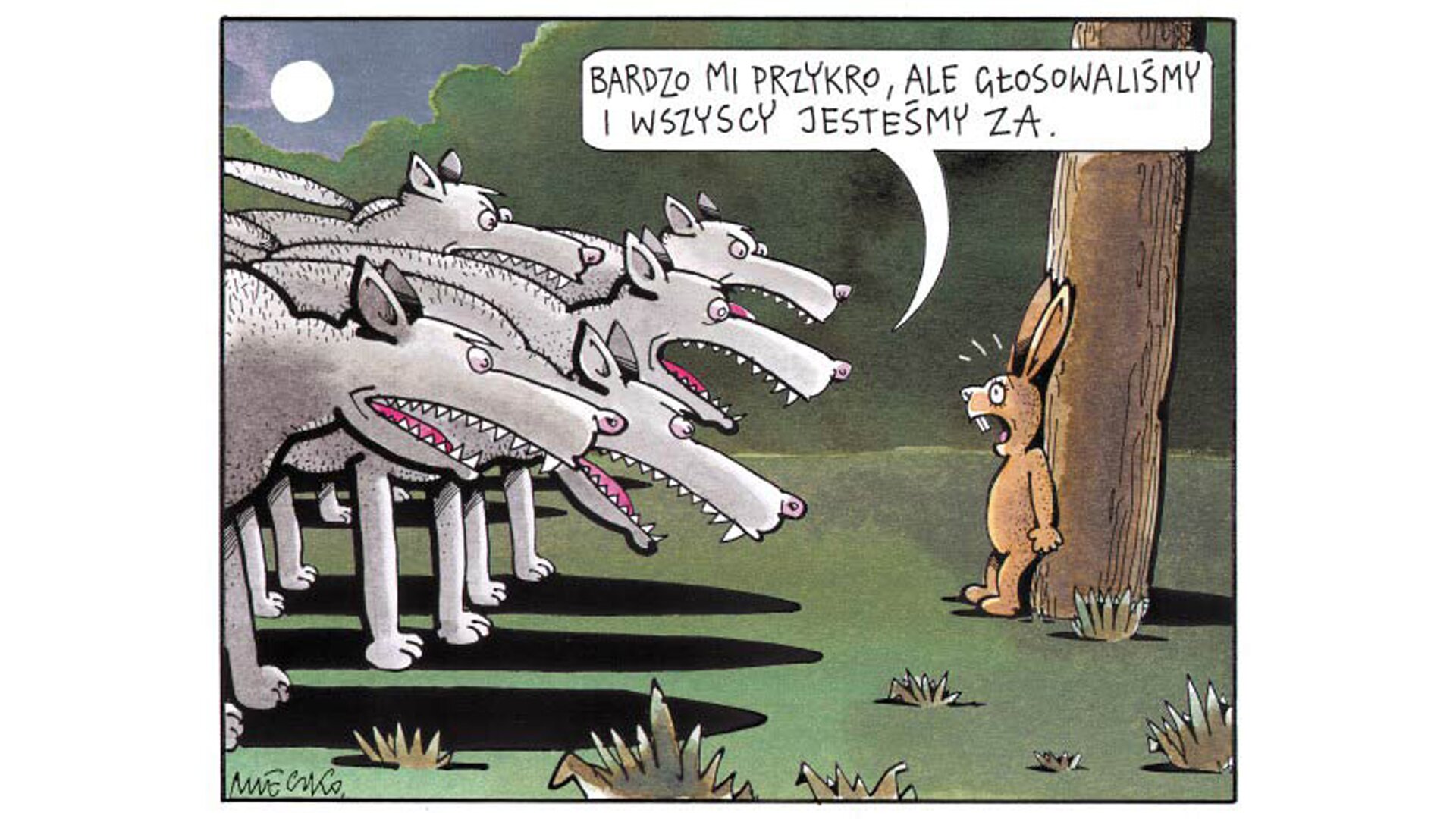 Praca domowa. W ramce umieszczono Zadanie 1. Podane jest polecenie : „Po obejrzeniu rysunku Andrzeja Mleczki:”. Poniżej znajduje się podpisany przez autora rysunek satyryczny. Rysunek przedstawia stado wilków z wyszczerzonymi zębami. Wilki zwrócone są w kierunku drzewa, pod którym stoi przerażony zając. U góry rysunku, w „dymku” znajduje się napis: „BARDZO MI PRZYKRO, ALE GŁOSOWALIŚMY I WSZYSCY JESTEŚMY ZA.”. Poniżej znajduje się treść ćwiczenia: „1. Nazwij problem przedstawiony na rysunku. 2. Wyjaśnij, jak we współczesnych państwach demokratycznych rozwiązano problem przedstawiony na rysunku. Podaj dwa przykłady.” Pod ćwiczeniem znajduje polecenie do zadania 2: „Zadanie 2 Przygotujcie się do debaty na temat: „Ocena roli ruchów obywatelskiego sprzeciwu”.