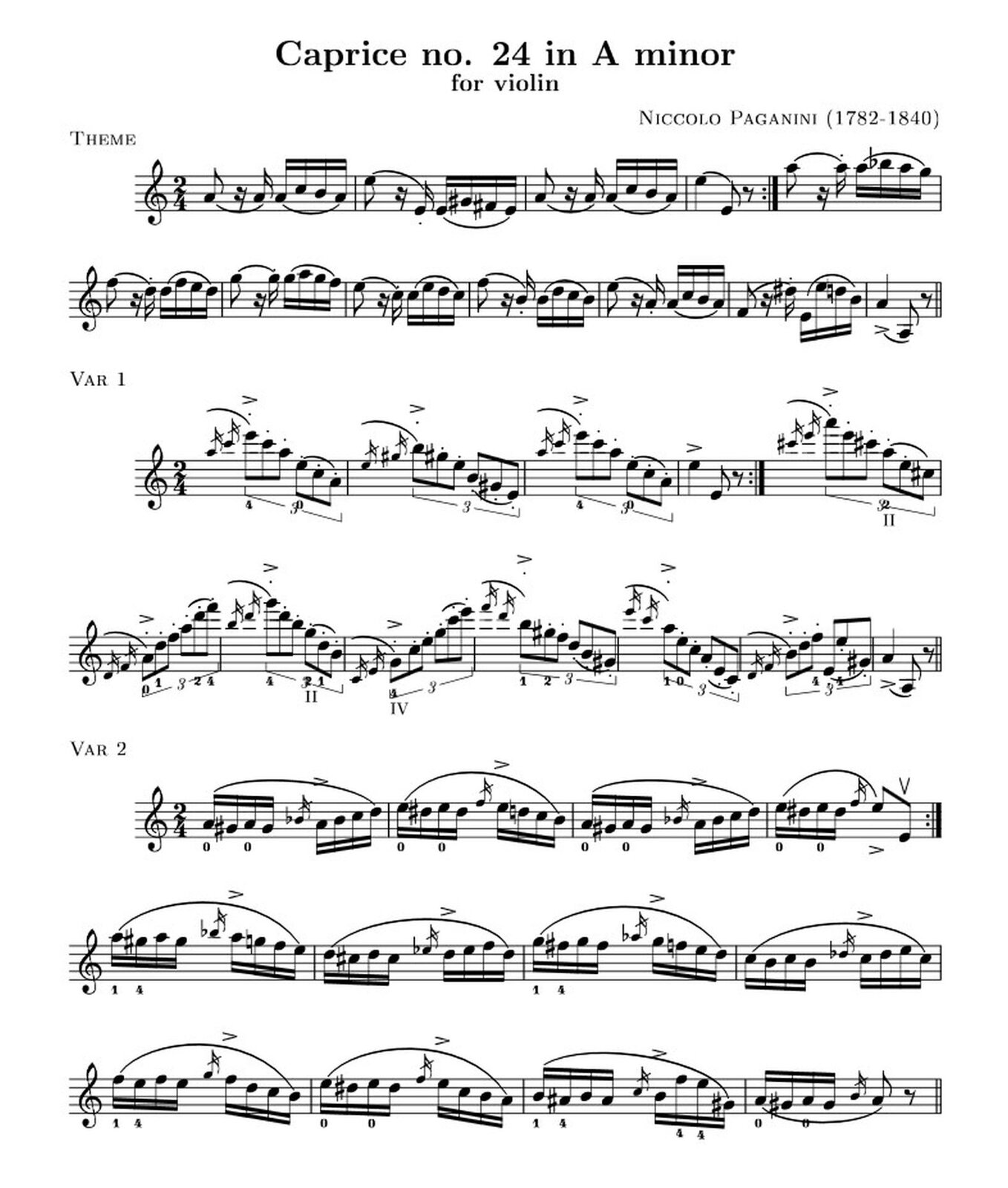 Ilustracja przedstawia partyturę. Na pięciolinii zostały zaznaczone notacje muzyczne utworu Nicoló Paganini „Kaprys a-moll” op. 1 nr 24, temat i dwie pierwsze wariacje.