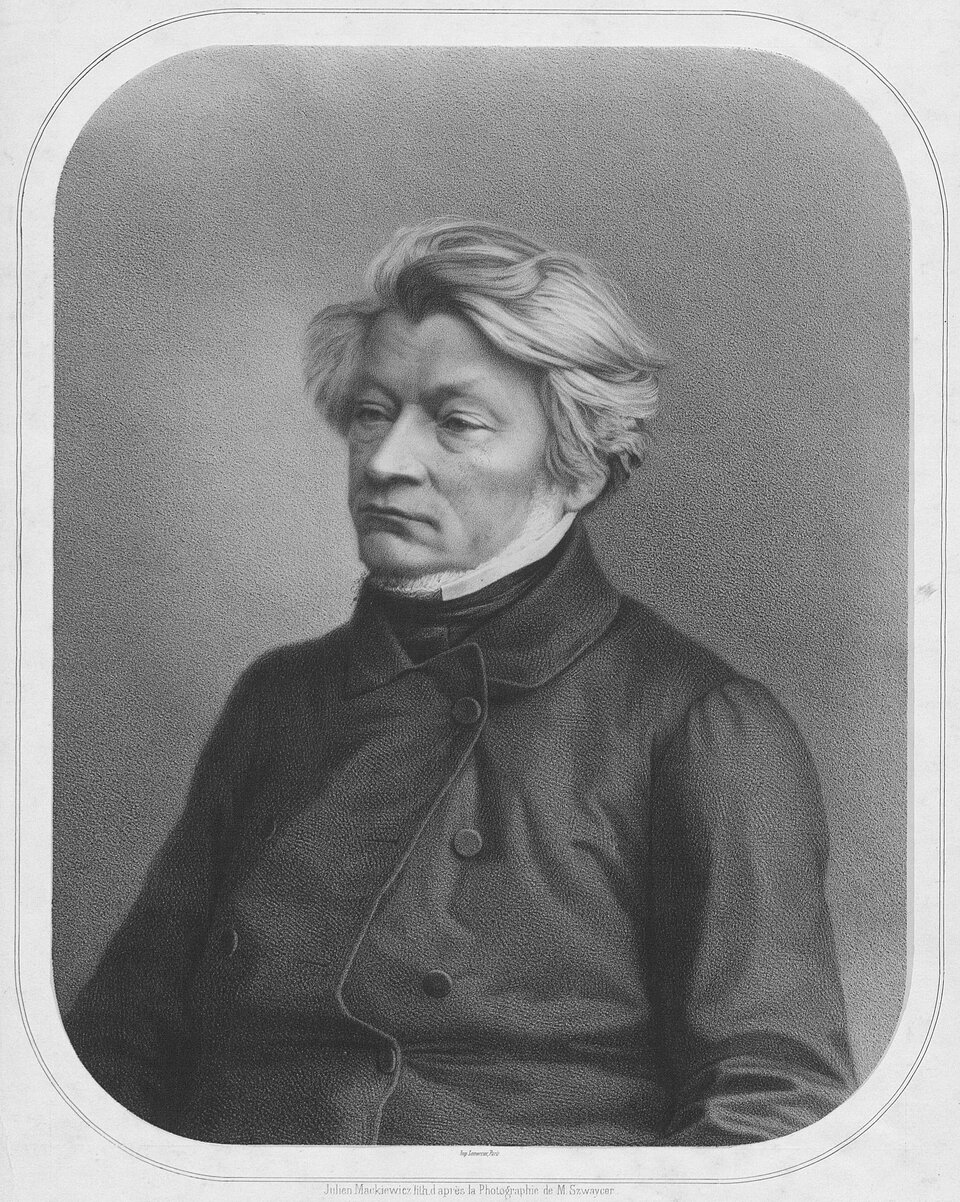 Portret Adama Mickiewicza Źródło: Julian Mackiewicz, Portret Adama Mickiewicza, ok. 1853, litografia, domena publiczna.