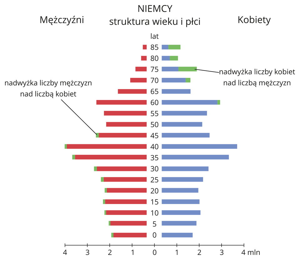 Na ilustracji piramida płci i wieku ludności charakteryzująca się wąską podstawą, świadczącą o niskim udziale młodych w społeczeństwie, a rozszerzająca się w górnej części, co wskazuje na duży udział ludności starej.