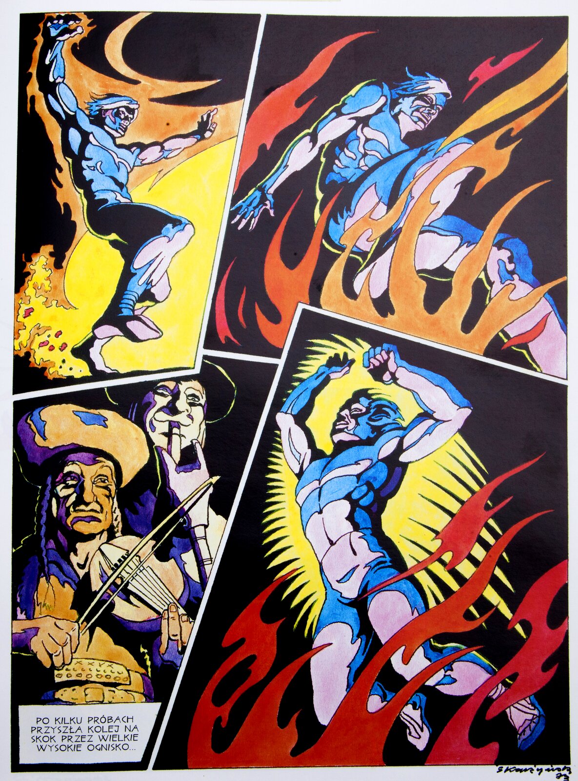 Ilustracja przestawia stronę z komiksu Jerzego Skarżyńskiego i Tadeusza Kwiatkowskiego „Janosik”. Ukazuje cztery scenki. Na trzech ukazany jest tytułowy Janosik, skaczący przez ognisko. Umięśniony bohater przedstawiony jest pomiędzy płomieniami na czarnym tle. Trzecia scenka przedstawia dwóch grajków ze skrzypkami oraz tekst z informacją: "Po kilku próbach przyszła kolej na skok przez wielkie wysokie ognisko...".