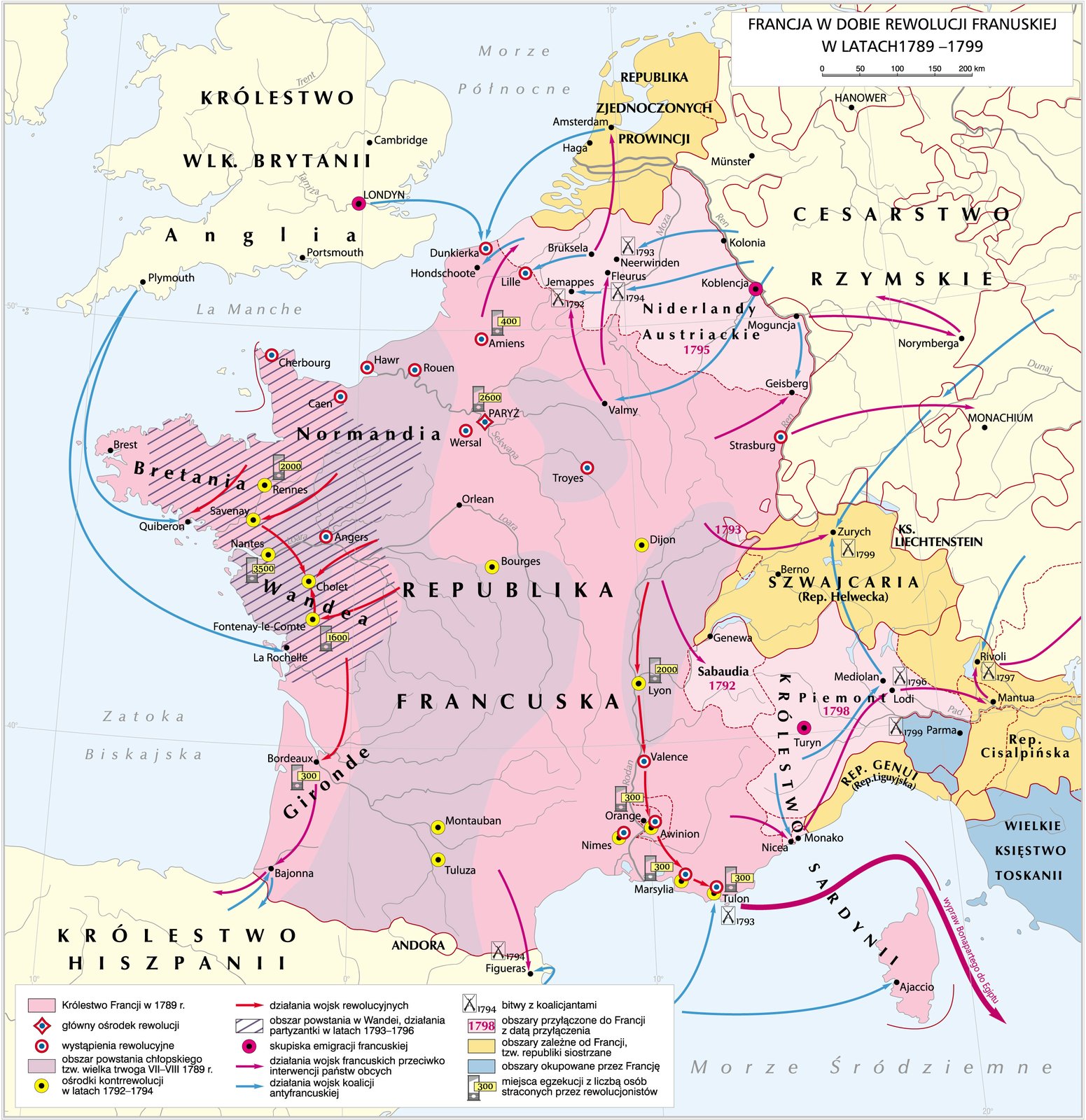 Mapa Europy, w jej centrum Francja. Ma mapie zaznaczone są działania zbrojne podejmowane w czasie rewolucji francuskiej w latach 1789-1799.