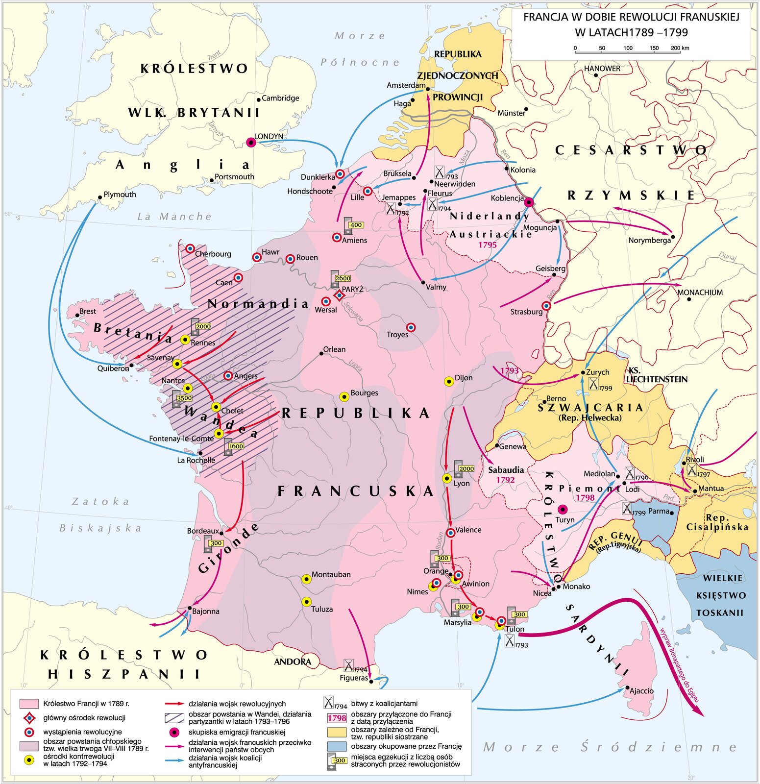 Mapa Europy, w jej centrum Francja. Ma mapie zaznaczone są działania zbrojne podejmowane w czasie rewolucji francuskiej w latach 1789-1799.
