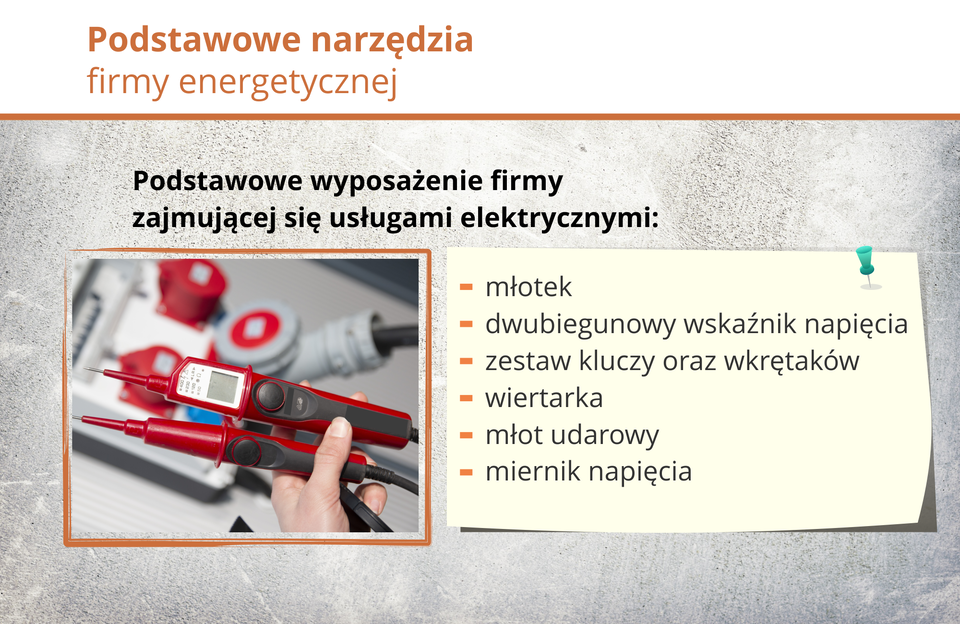 Grafika przedstawia elementy wyposażenia firmy energetycznej.