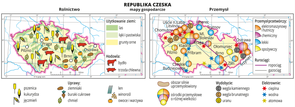 Ilustracja przedstawia dwie mapy gospodarcze Republiki Czeskiej. Mapa pierwsza – rolnictwo, mapa druga – przemysł. Na mapie rolnictwa tło w kolorze żółtym (grunty orne), jasnozielonym (łąki i pastwiska) i zielonym (lasy). Na mapie sygnatury obrazujące uprawy roślin (pszenica, kukurydza, jęczmień, ziemniaki, buraki cukrowe, chmiel, len, winorośl, owoce i warzywa) oraz hodowlę zwierząt (bydło, trzoda chlewna). Na mapie przemysłu sygnatury kołowe – ośrodki przemysłowe. Duże w Pradze, Ostrawie, Brnie, kilkanaście mniejszych. Przemysł elektromaszynowy i hutniczy w przewadze, chemiczny, lekki oraz spożywczy. Kilka elektrowni cieplnych i wodnych oznaczonych kolorowymi gwiazdkami, jedna elektrownia atomowa, ropociąg i gazociąg oznaczone liniami. Sygnaturami oznaczone wydobycie węgla kamiennego, węgla brunatnego i uranu. Obie mapy zawierają południki i równoleżniki, dookoła map w białych ramkach opisano współrzędne.