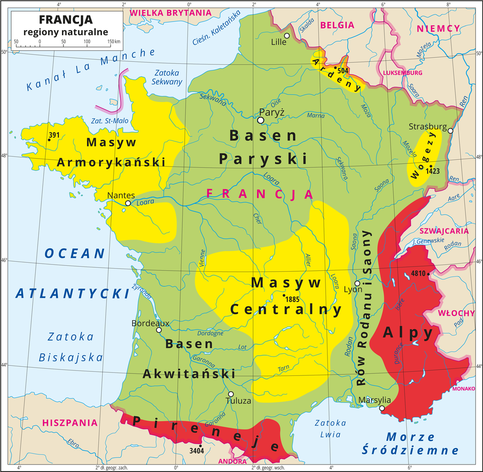Ilustracja przedstawia mapę regionów naturalnych we Francji. Kolorem zielonym oznaczono Basen Paryski i Basen Akwitański oraz Rów Rodanu i Saony, zajmujące największą powierzchnię kraju. Kolorem żółtym przedstawiono Masyw Centralny w centrum Francji i Masyw Armorykański na zachodzie oraz Wogezy (północny-wschód) i Ardeny (północ), a kolorem czerwonym Alpy na wschodzie i Pireneje na południu kraju. Na mapie poprowadzono południki i równoleżniki. Dookoła mapy w białej ramce opisano współrzędne geograficzne co dwa stopnie.