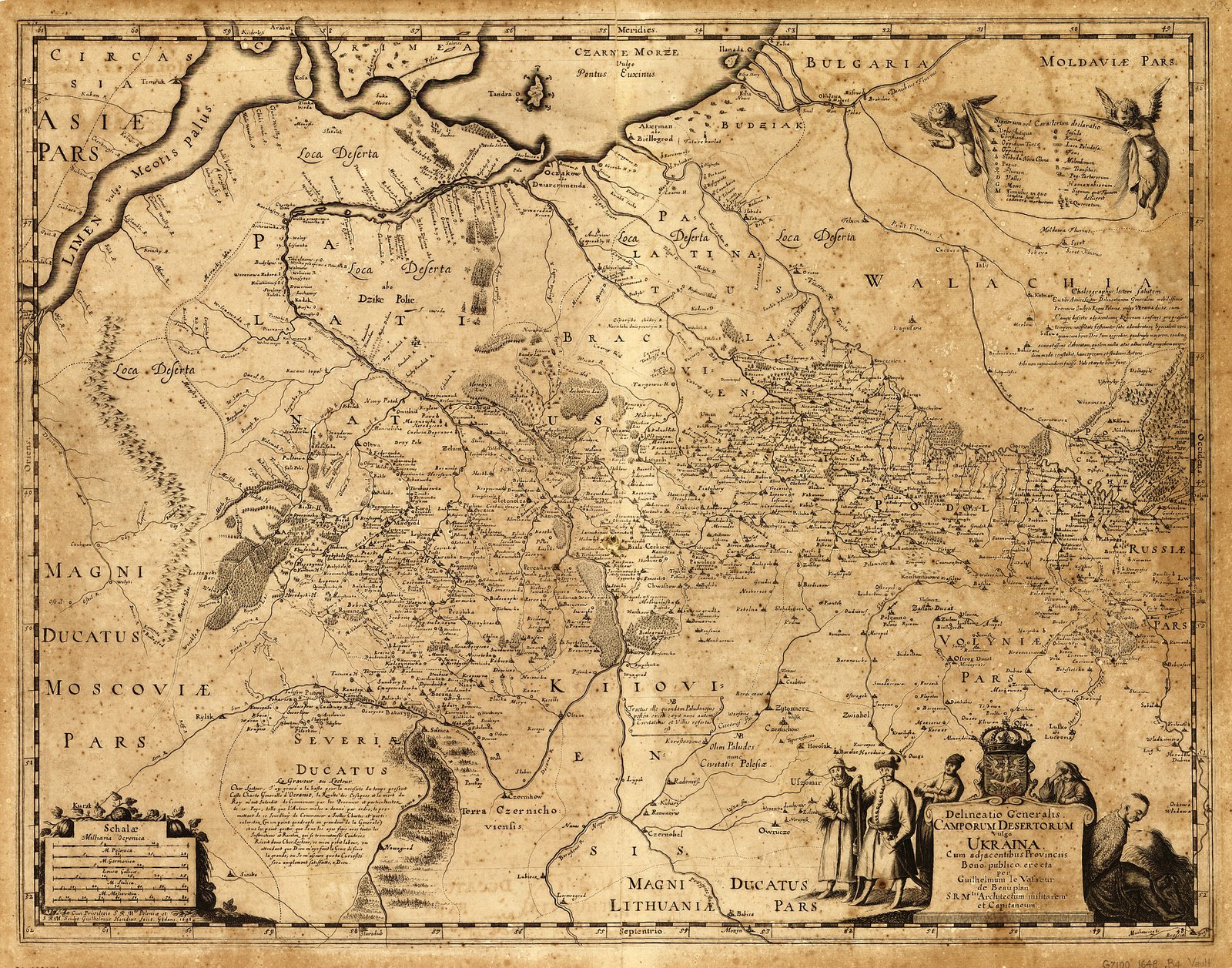 Mapa Dzikich Pól, inaczej Ukrainy, z przyległymi prowincjami. Sporządzona dla dobra publicznego przez Wilhelma de Beauplana w 1648 w Gdańsku na polecenie Władysława IV, Króla Polski. Mapa nie jest orientowana, tzn. północ nie znajduje się - tak jak jesteśmy przyzwyczajeni - u góry karty. Tu u góry są skrawki Morza Czarnego, a na dole karty tereny należące do Litwy.