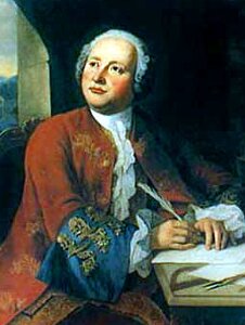 Portret Michaiła Łomonosowa, osiemnastowiecznego rosyjskiego chemika, który w rzeczywistości pierwszy odkrył prawo zachowania masy, jednak z uwagi na mały zasięg oddziaływania jego prac pisanych wyłącznie po rosyjsku nie miał większego wpływu na uczonych w innych krajach.