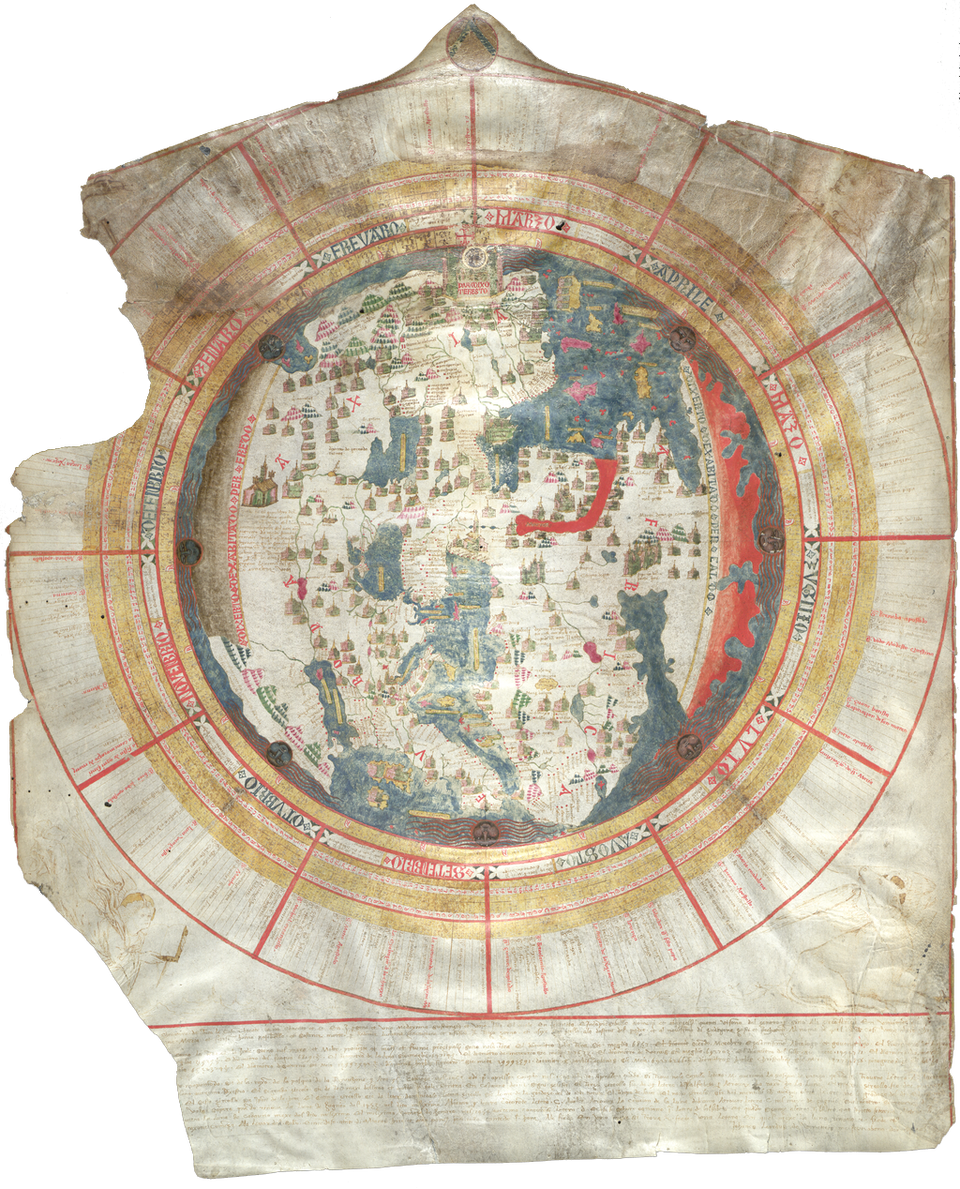 Mapa świata, którą stworzył między 1442 a 1453 rokiem Giovanni Leardo pochodzący z Wenecji. Mapa świata, którą stworzył między 1442 a 1453 rokiem Giovanni Leardo pochodzący z Wenecji. Źródło: domena publiczna.