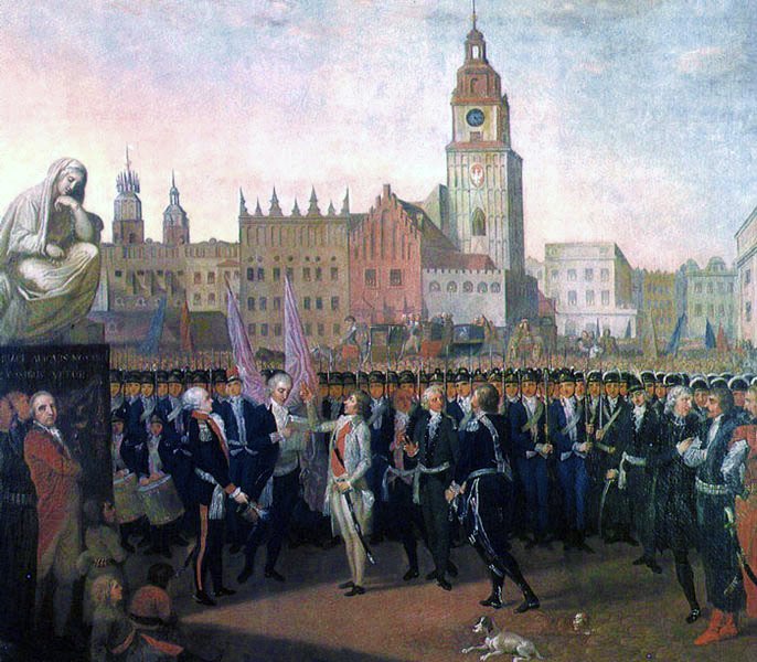Przysięga Kościuszki 24 marca 1794 na Rynku w Krakowie Przysięga Kościuszki 24 marca 1794 na Rynku w Krakowie – (widok od północy). Od lewej: Sukiennice (za nimi Kościół Mariacki), Spichlerz, Ratusz z Wieżą i Kabatami, Wielka Waga Źródło: Franciszek Smuglewicz, Przysięga Kościuszki 24 marca 1794 na Rynku w Krakowie, 1797, Olej na płótnie, Muzeum Narodowe w Poznaniu, domena publiczna.